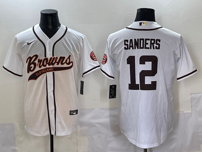 Men 2025 Cleveland Browns 12 Sanders White Joint Name Nike Limited NFL Jersey style 1